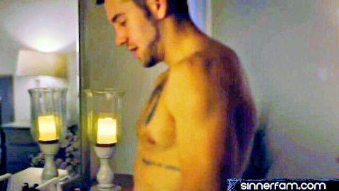 Muscular tattooed man shirtless in mirror, sinful stepsister in stockings passionate sex