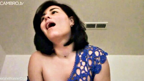 Natalie Wonder topless in blue lace top, open-mouth POV tease
