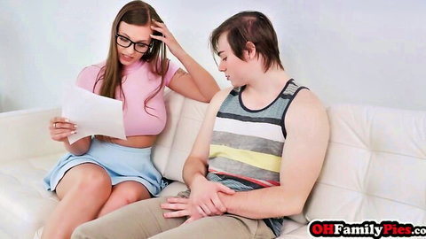 Raunchy stepmom in pink crop top and blue skirt distracts young stepson