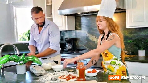Amber Stark in sexy apron cooks pizza with step-uncle