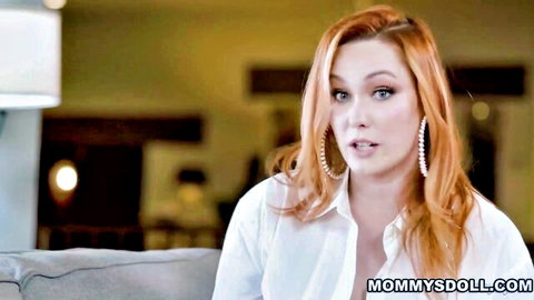 Redhead stepmom Maya Woulfe seducing in white shirt closeup