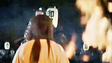 Vintage Japanese woman in yukata, back view at night festival, erotic 1973 film scene