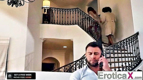 Man on phone spots cheating GF in dress with lover on luxury staircase