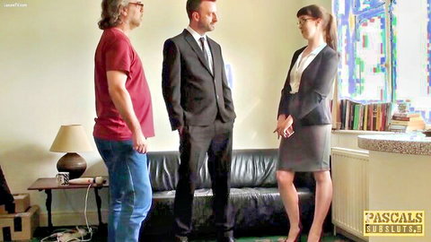 Cassie De La Rage stands with two men in office attire for rough anal threesome