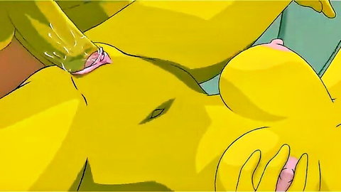 Busty yellow cartoon babe squeezes massive green veiny cock between huge tits in intense titjob