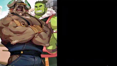 Muscular anthropomorphic wolf and orc posing confidently in furry yaoi style