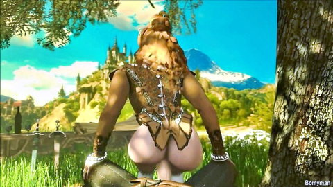 3D Witcher hentai redhead in revealing leather armor, big ass rear view