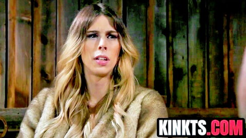 Blonde Casey Kisses in fur jacket, teasing look in Kink scene with Lance Hart