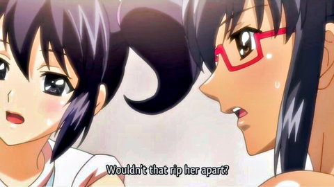 Two cute hentai anime girls with glasses and pigtails looking surprised in steamy scene