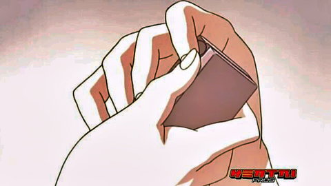 Hentai anime hand with pink nails holding small brown phone teasingly