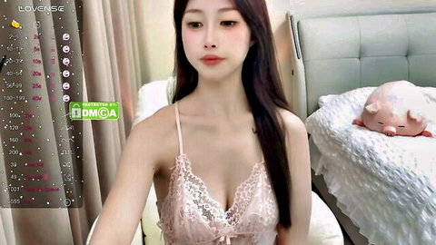 Lan-mei in pink lace lingerie webcam tease
