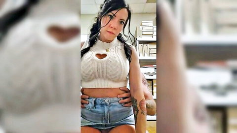 CoupleofRealAmateurs MILF in sexy white crochet top with heart cutouts, cleavage tease