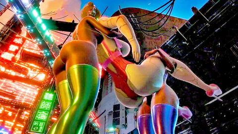 Giant hentai fox girl with massive ass and huge tits in green stockings gropes curvy babe's big booty in neon cyberpunk city.