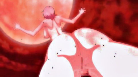 Busty pink-haired anime princess in flowing white dress, dramatic back pose against red sunset