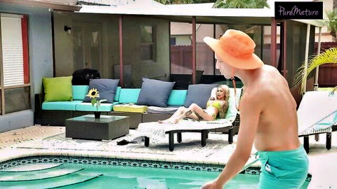 Mayara Lopez blonde MILF teases shirtless pool boy poolside