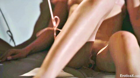 Skinny Caucasian babe bound with pink ropes fucked rough doggy style by stud