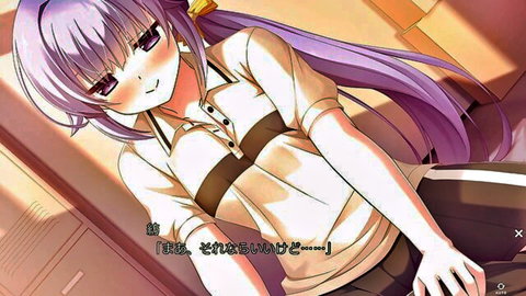 Blushing purple-haired hentai girl in polo shirt and shorts moaning with pleasure in locker room