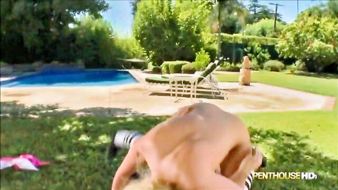 Phoenix Marie nude bent over in outdoor poolside tease