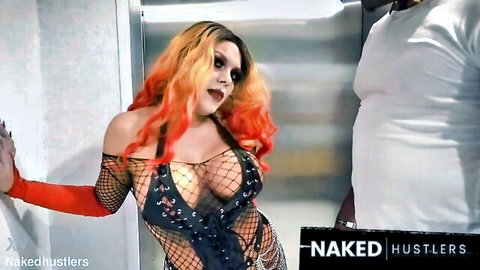 Fiery orange-haired cougar in black fishnet lingerie with black man in elevator IR tease