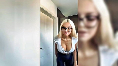 Busty German teen blonde with glasses showing deep cleavage