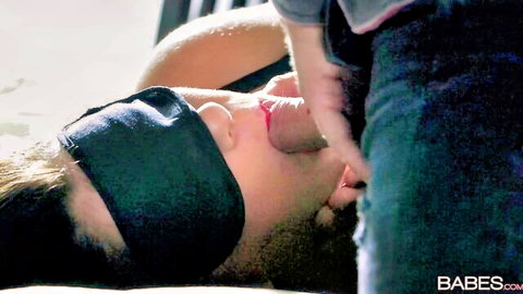 Blindfolded babe gives Nick Ross passionate oral in sensual scene