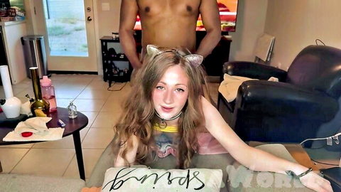 Youthful white bunny girl with cat ears poses with BBC stud for anal pounding