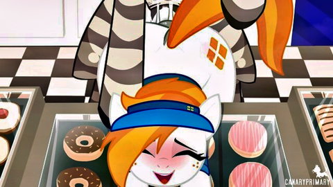 Zebra furry thrusts huge cock into smiling orange-maned pony's ass doggy style over donut counter