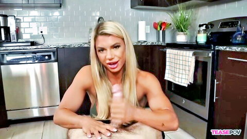 Fit blonde MILF fingers her pussy in kitchen POV with toned arms spread wide