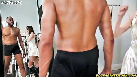 Petite brunette in short white dress teases muscular black stud in tight black briefs