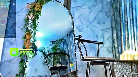 Empty blue femdom webcam studio with arched mirror, plants, black stools for hot pantyhose solo play