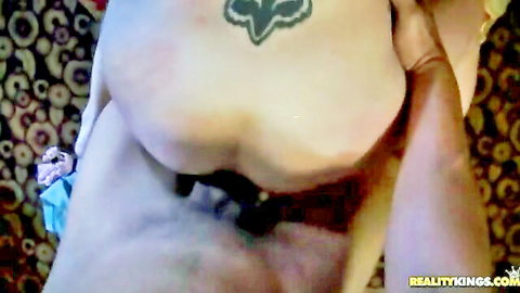 Tattooed brunette bent over with ass up getting pussy fucked doggy style closeup