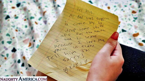 Fair-skinned woman's hand with red nails holding handwritten taboo note about dad and phone