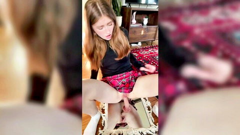 Backdoorgf plugs ass and rides dildo in plaid skirt solo play