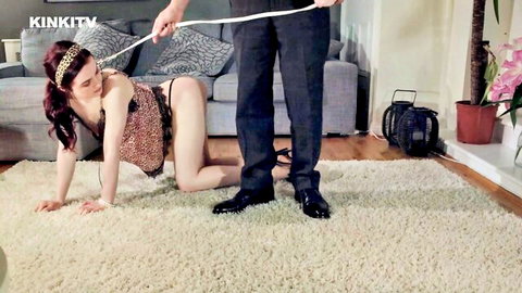 Lola redhead petgirl in leash training, crawling on all fours in lingerie