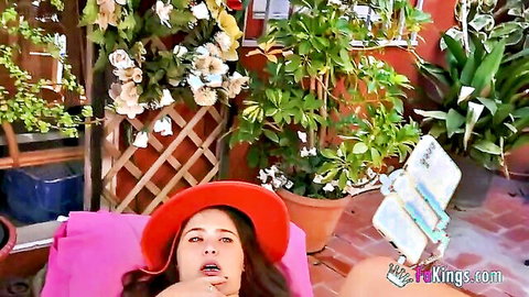 Big titted young bae in red hat lounges seductively, reverse cowgirl tease