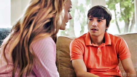 Ricky Spanish chats with busty blonde MILF on couch
