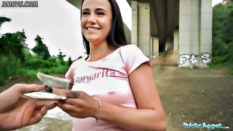 19yo innocent brunette smiles outdoors in pink top before rain fuck