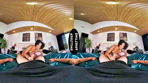Athletic short-haired ebony babe fucked deep missionary with cock in shaved pussy VR scene
