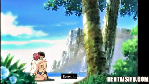 Red-haired anime girl with big tits embraces topless boy in summer outdoor hentai scene