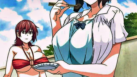 Busty Asian schoolgirl in uniform feeds redhead in bikini outdoors, Ikkyuu Nyuukon Ep.2