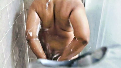 Trans Indian beauty in steamy shower, soapy back view with anal fingering tease