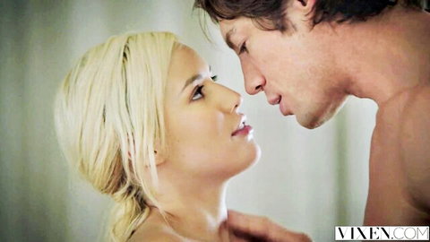 Kylie Page in intimate close-up kiss with handsome stud, blonde beauty