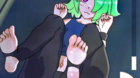 Anime green-haired girl lounging in gym with bare feet exposed