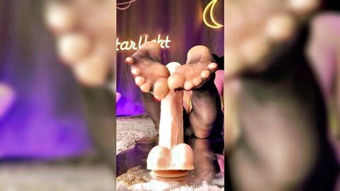 Ebony feet soles and toes gripping stroking massive white dildo footjob