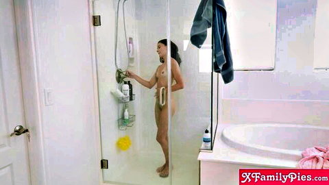 Brunette stepsister nude showering, soapy body tease