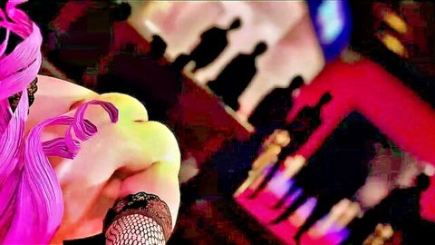Sexy pink-haired beauty in fishnet sleeve poses arm on red carpet