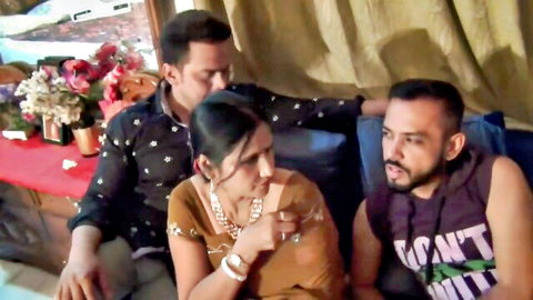 Indian bhabi chats intimately with two devars in teasing threesome setup