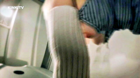 Cherry in striped kink outfit on treadmill, petgirl fetish pose
