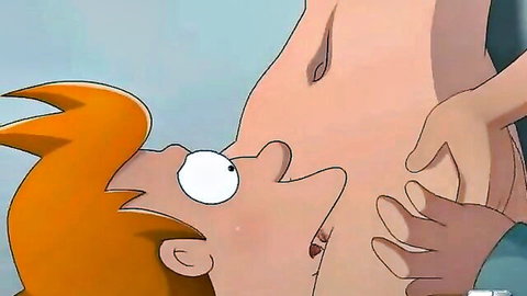 Futurama Fry redhead cartoon character licks woman's exposed wet pussy up close in parody hentai.
