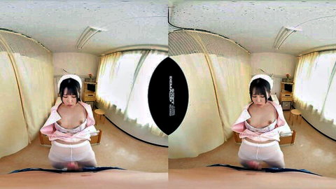 Asian nurse in VR exposing medium breasts, sitting spread-legged